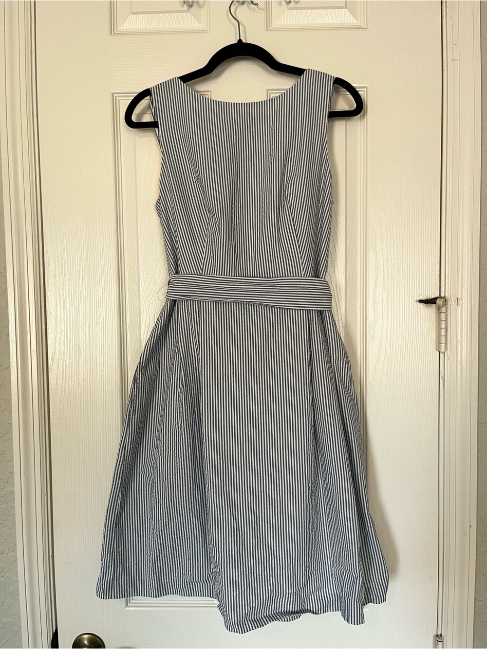 Anne Klein Navy and White Striped Belted Midi Dress